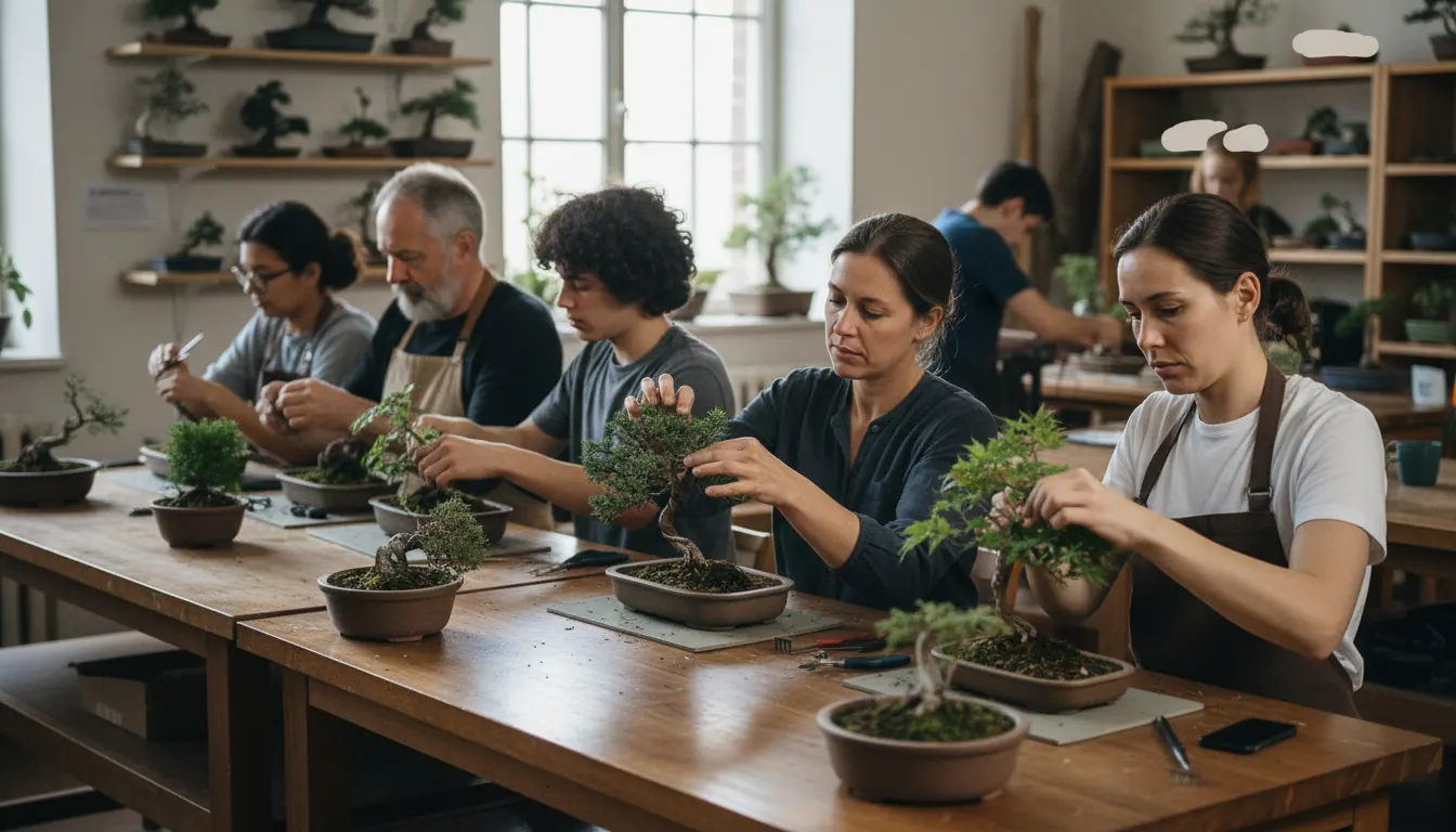 Gruppe von Menschen bei einem Bonsai Workshop arbeitet gemeinsam an Miniatur Bäumen