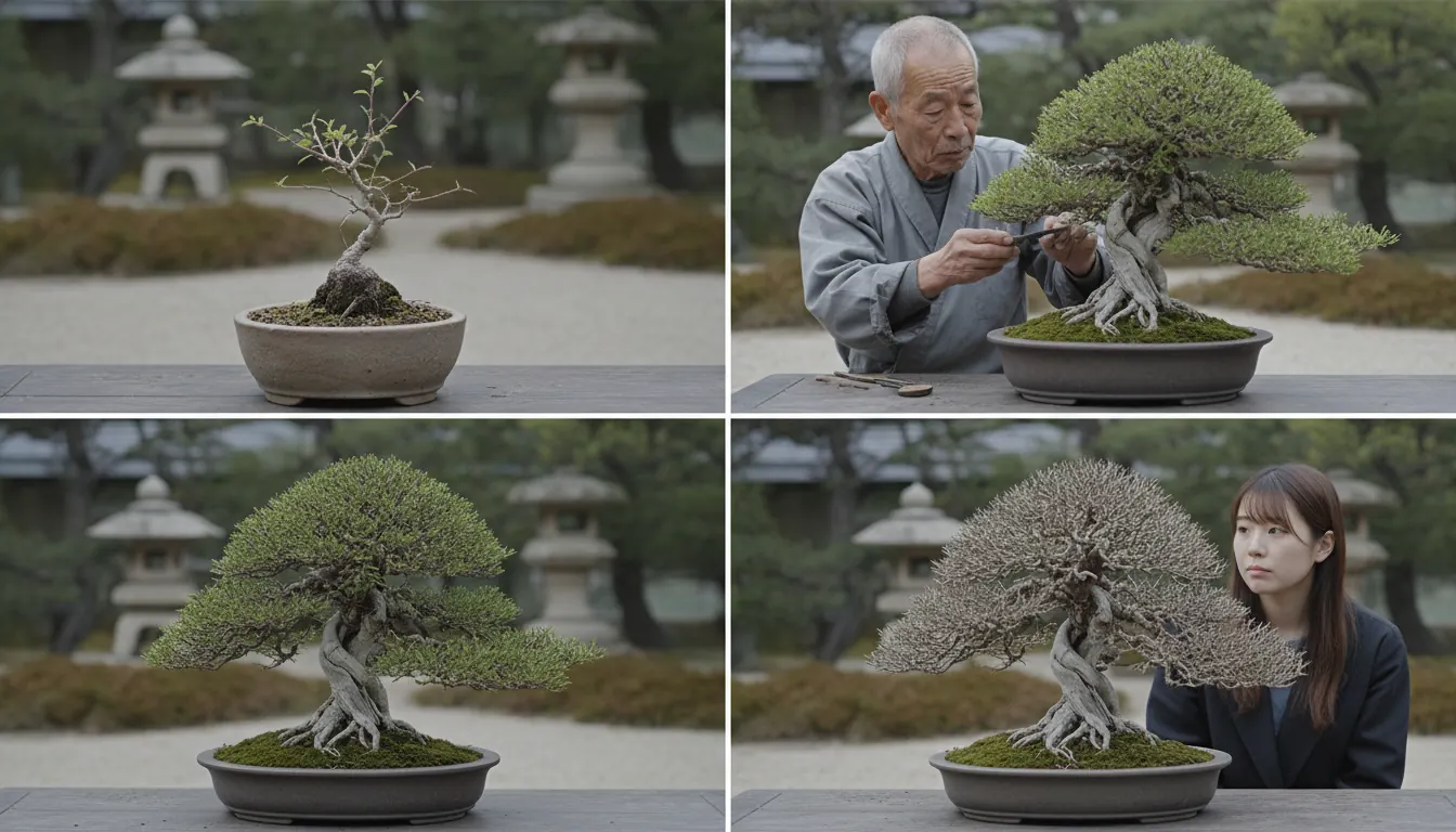 Zeitraffer Darstellung eines Bonsai Baumes über mehrere Wachstumsjahre