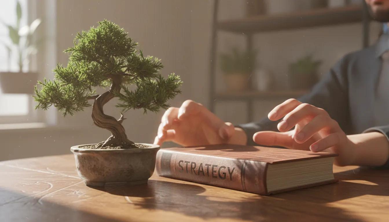 Bonsai Baum neben Strategiebuch auf Holztisch
