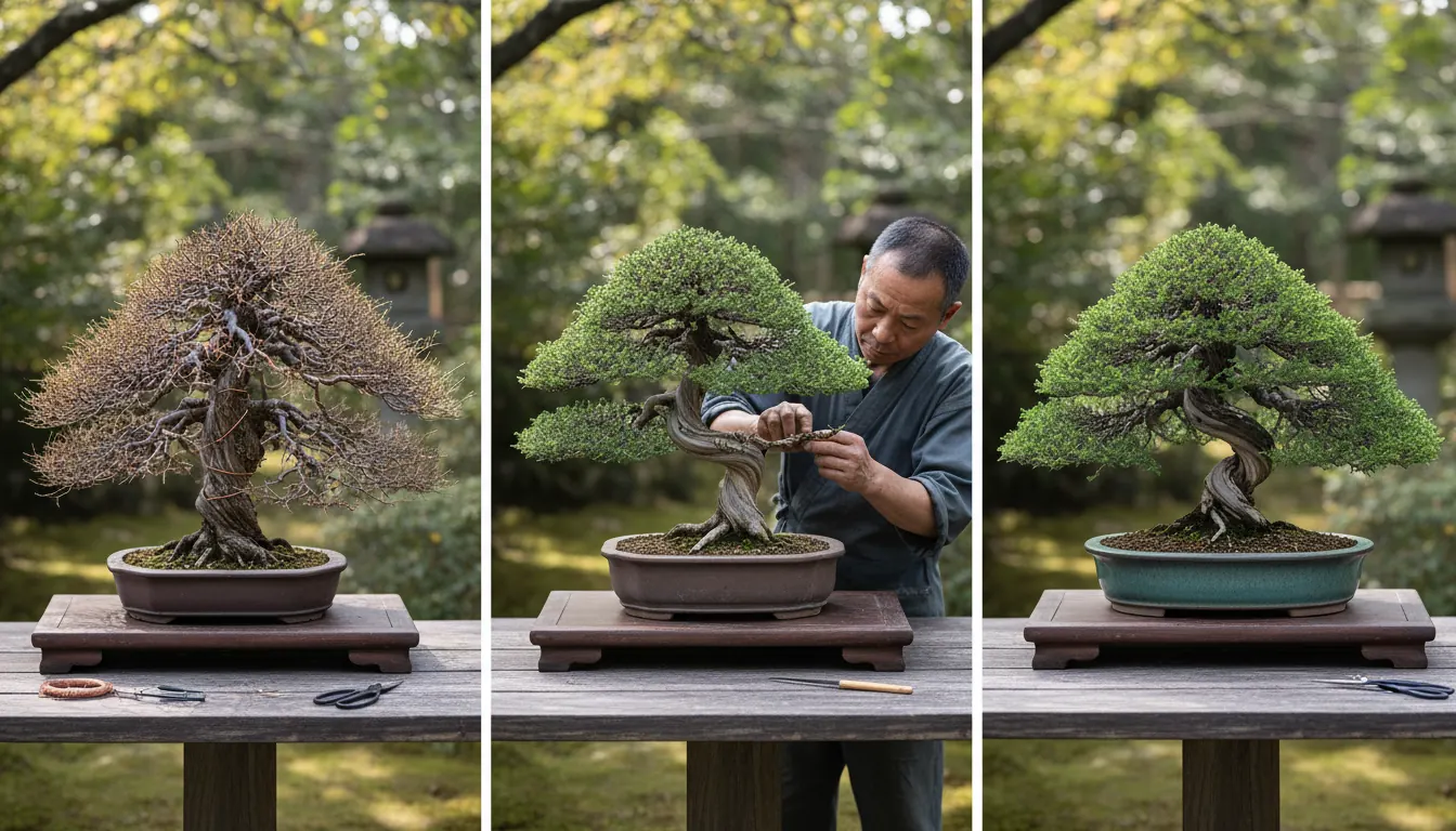 Drei Entwicklungsstadien eines Bonsai nebeneinander von Rohling bis fertig