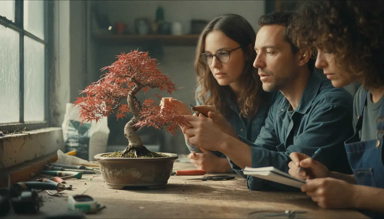 Workshop Teilnehmer analysieren gemeinsam einen Bonsai Baum vor dem Schnitt