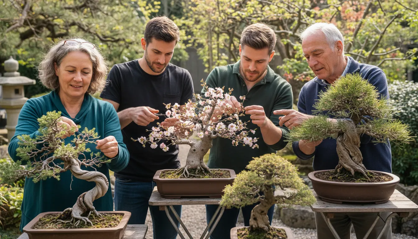 Bonsairebellen Mitglieder beim gemeinsamen Arbeiten an verschiedenen Bäumen